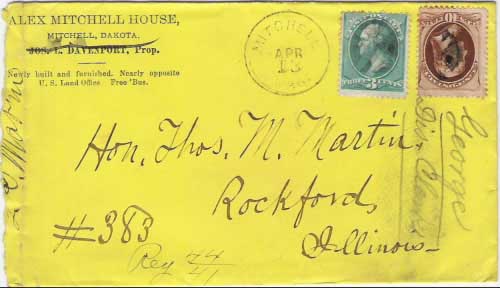 Mitchell, Dak. Apr 13, (1883) postmark in black with quarted cork killers on 3c green and 10c brown banknote stamps making up registered rate. Alex Mitchell House, Mitchell, Dakota corner card.