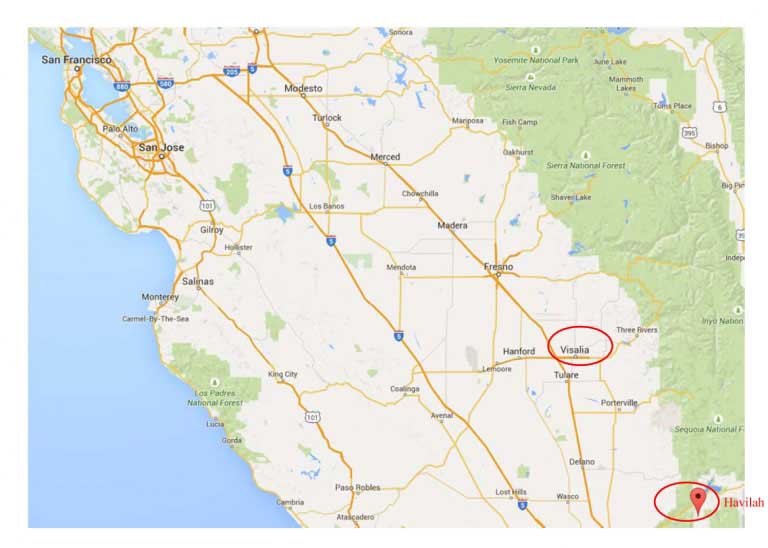 Modern map showing relative locations of Havilah, Visalia and San