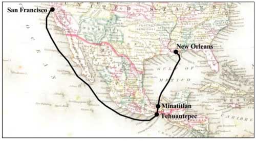 Map of route from San Francisco to New Orleans Via TehuantepecMap of route from San Francisco to New Orleans Via Tehuantepec