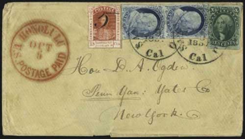 Honolulu U.S. Postage Paid Oct. 6 (1857) CDS, U.S. stamps cancelled by SF Cal Nov. 5, 1857 CDS