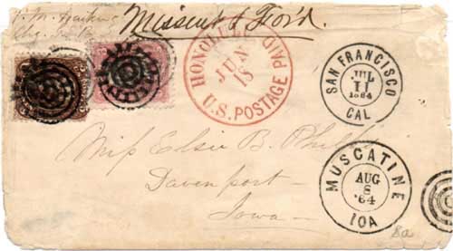 Honolulu U.S. Postage Paid Jun. 18 (1864) CDS to Davenport Iowa - San Francisco, Jul. 11, 1864 DCDS