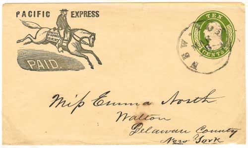 Pacific Express franked 10c entire from California to Walton, New York. Placed in the mails in New York City by Pacific Express.