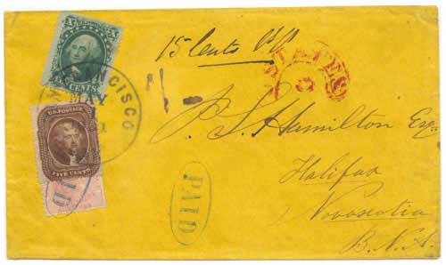 Figure 2 - April 1861 cover from New Westminster, BC to Halifax, Nova Scotia via San Francisco on May 1.