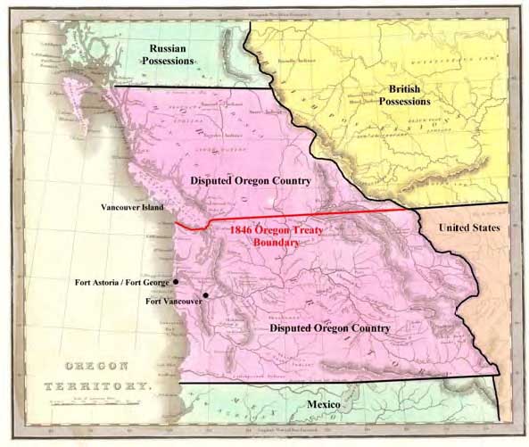 Figure 31. An 1840 map of the Oregon Country overlaid to show the