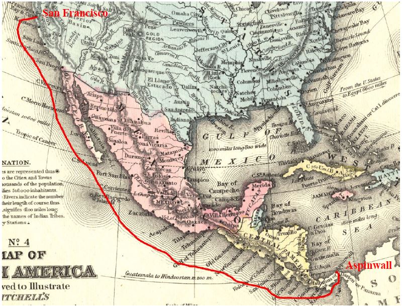 Route Map of PMSC Golden Gate from Panama Feb 5; arrival San Francisco Feb 19, 1853