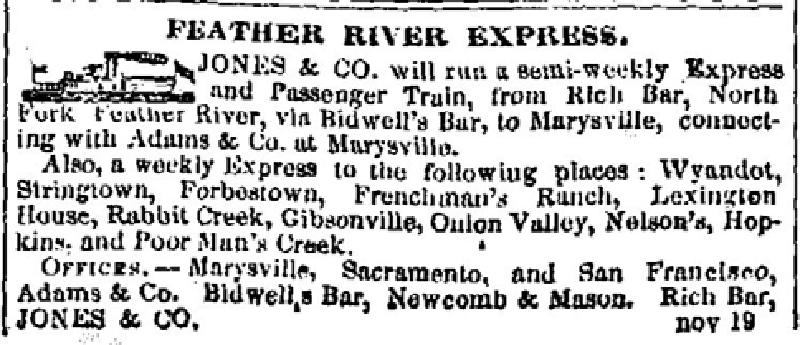 Early Ad for Jones & Co.'s Feather River Express